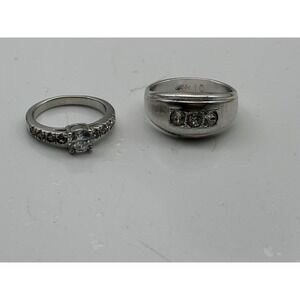 Silver Tone Ring Lot of 2 CZ Solitaire Engagement Ring and Three Stone Band